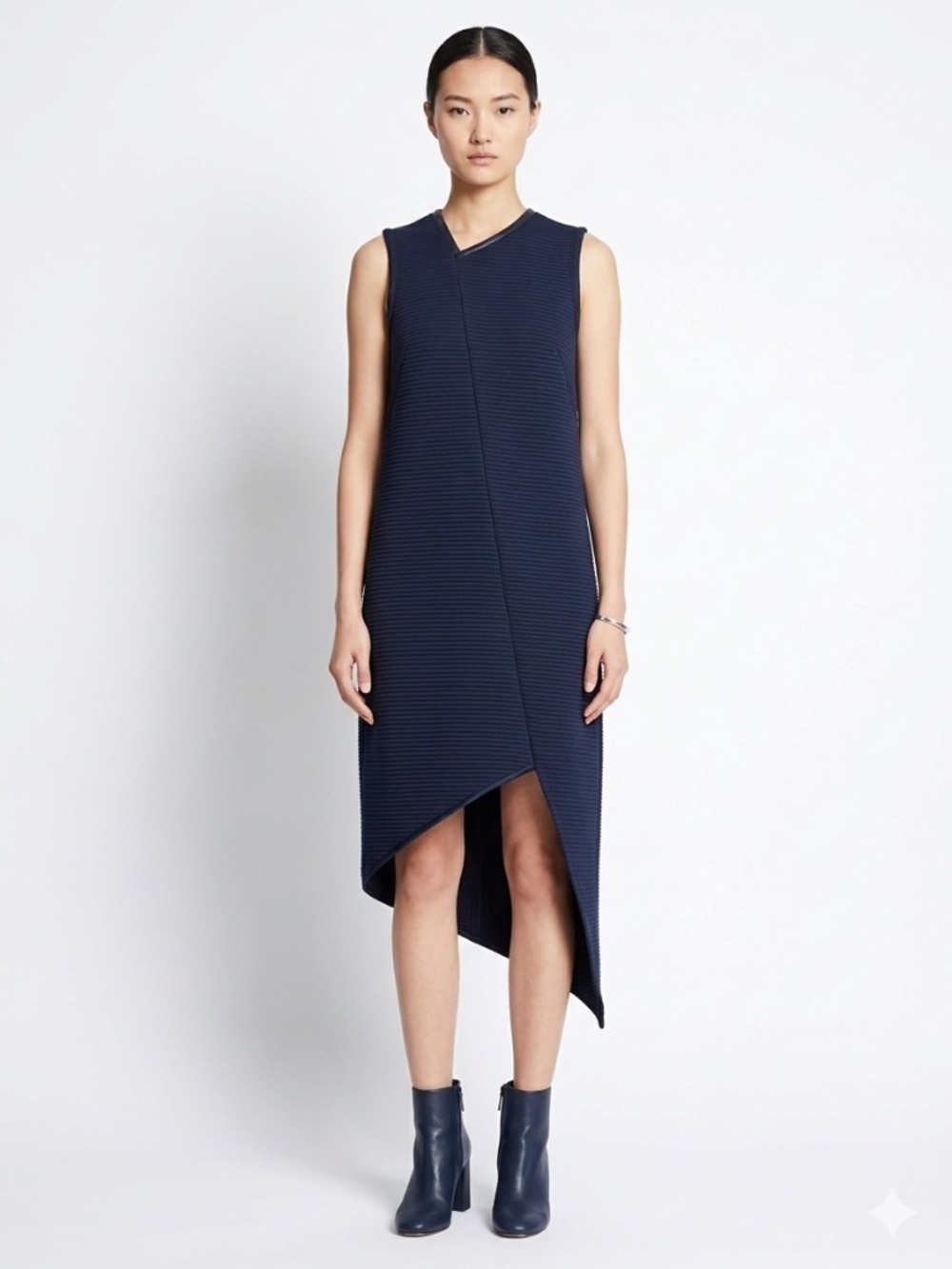 ANTHROPOLOGIE SID NEIGUM 100% Cotton Navy Blue Quilted Dress Asymetric Hem Sz 2
